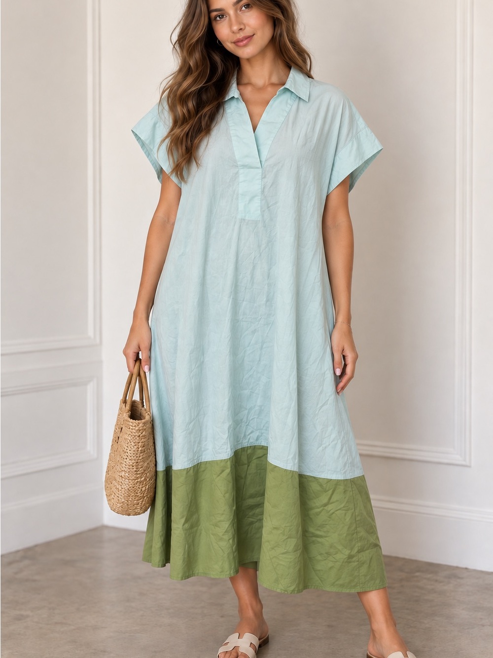 NWT crown & ivy Aqua and Olive Two-Tone Collared Maxi V neck cotton dress size M